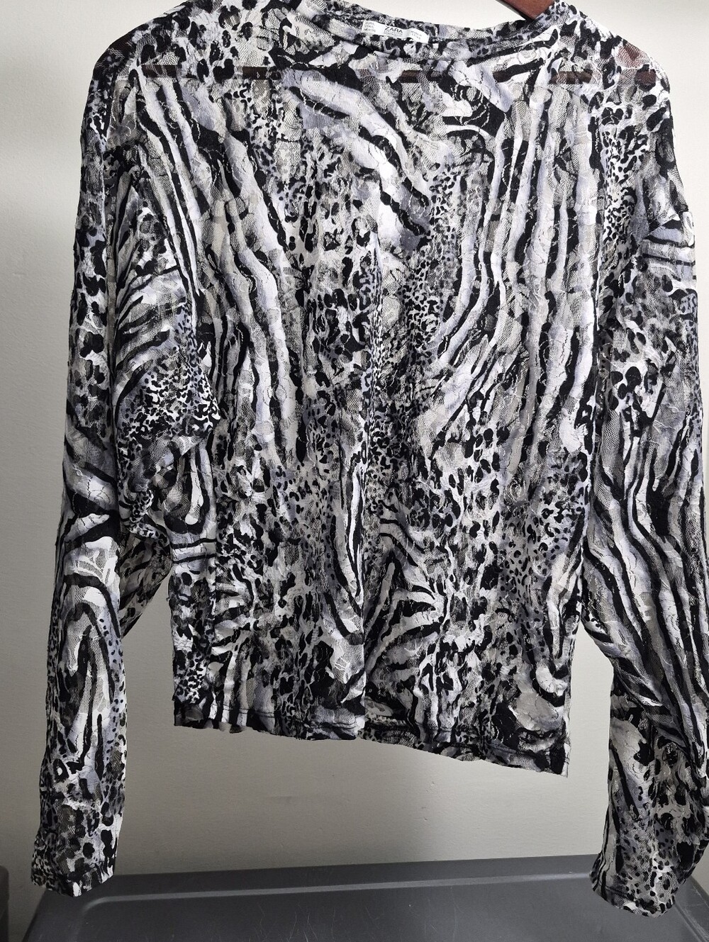 Womens Black & White Animal Print Long Sleeve Sheer Top